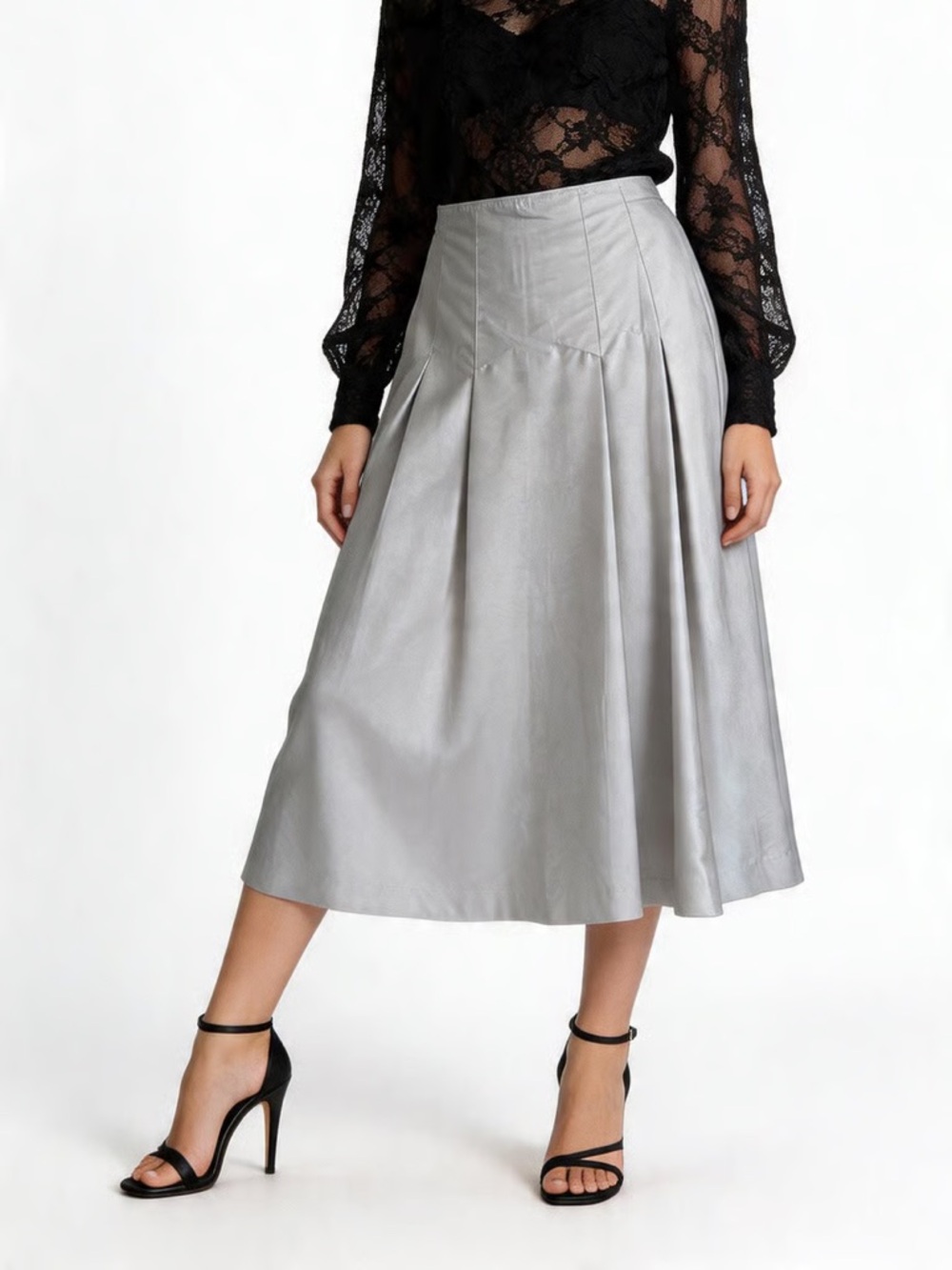 EXPRESS | Silver Metallic Midi Skirt Sz 2